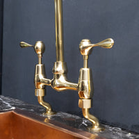 Unlacquered Brass Curved Legs Bridge Faucet, 8" Brass Bridge Faucet With Lever Handles AquaPrime Kitchen Bridge Faucet