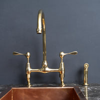 Unlacquered Brass Curved Legs Bridge Faucet, 8" Brass Bridge Faucet With Lever Handles AquaPrime Kitchen Bridge Faucet
