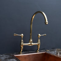 Unlacquered Brass Curved Legs Bridge Faucet, 8" Brass Bridge Faucet With Lever Handles AquaPrime Kitchen Bridge Faucet