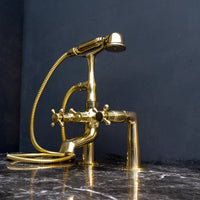 Unlacquered Brass Wall Mount Bath Tub Filler, Brass Bathroom Wall Mounted Bathtub Faucet With Telephone Hand Shower Unpainted Brass Deck Mount Tub Filler