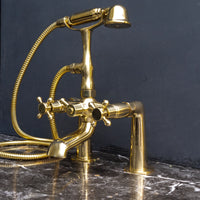 Unlacquered Brass Wall Mount Bath Tub Filler, Brass Bathroom Wall Mounted Bathtub Faucet With Telephone Hand Shower Unpainted Brass Deck Mount Tub Filler