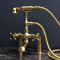 Unlacquered Brass Wall Mount Bath Tub Filler, Brass Bathroom Wall Mounted Bathtub Faucet With Telephone Hand Shower Unpainted Brass Deck Mount Tub Filler