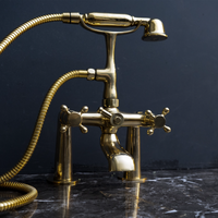 Unlacquered Brass Wall Mount Bath Tub Filler, Brass Bathroom Wall Mounted Bathtub Faucet With Telephone Hand Shower Unpainted Brass Deck Mount Tub Filler