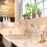 Gooseneck Kitchen Bridge Faucet With Flat Cross Handles, Brass Faucet with customizable spout reach and length Malmo Brass Bridge Faucet