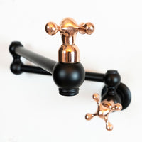 Black Brass Pot Filler Kitchen Faucet With Copper Cross Handles, Unlacquered Solid Brass Kitchen Faucet with Copper Handle Lux Line Pot Filler Faucet