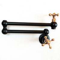Black Brass Pot Filler Kitchen Faucet With Copper Cross Handles, Unlacquered Solid Brass Kitchen Faucet with Copper Handle Lux Line Pot Filler Faucet