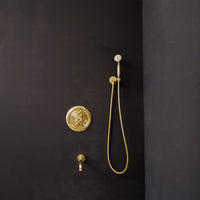 Antique Brass Concealed Shower Head With Arm And Hand Shower ThermoFlex Shower System