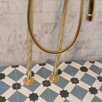 Brass Freestanding Tub Filler With Hand Held, Unlacquered Brass Bath Tub Brassna Downward Tub Filler
