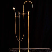 Unlacquered Brass Floor Mounted Tub Filler with Handshower, Natural Brass Freestanding Gooseneck Tub Filler with Handheld Floor Mounted Tub Filler