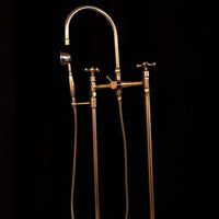 Unlacquered Brass Floor Mounted Tub Filler with Handshower, Natural Brass Freestanding Gooseneck Tub Filler with Handheld Floor Mounted Tub Filler