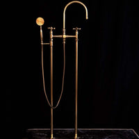 Unlacquered Brass Floor Mounted Tub Filler with Handshower, Natural Brass Freestanding Gooseneck Tub Filler with Handheld Floor Mounted Tub Filler