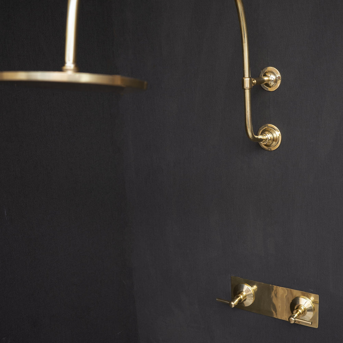 Handcrafted unlacquered brass shower Head With Curved Arm - Brassna