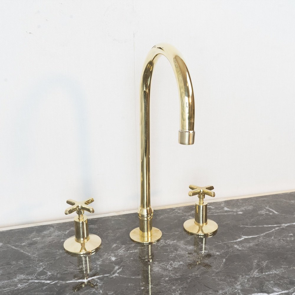 Handmade Widespread Unlacquered Brass Kitchen Faucet - Brassna