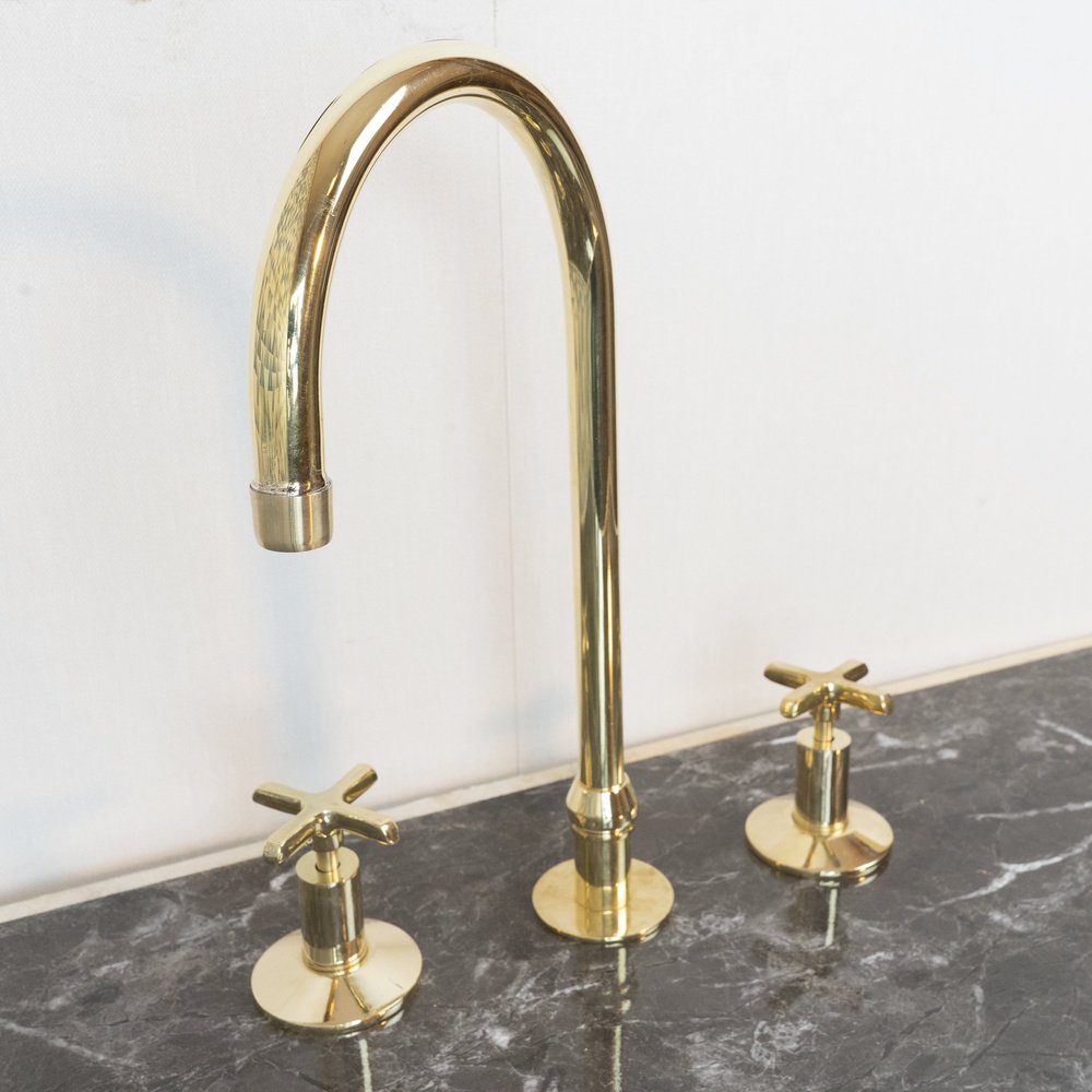 Handmade Widespread Unlacquered Brass Kitchen Faucet - Brassna