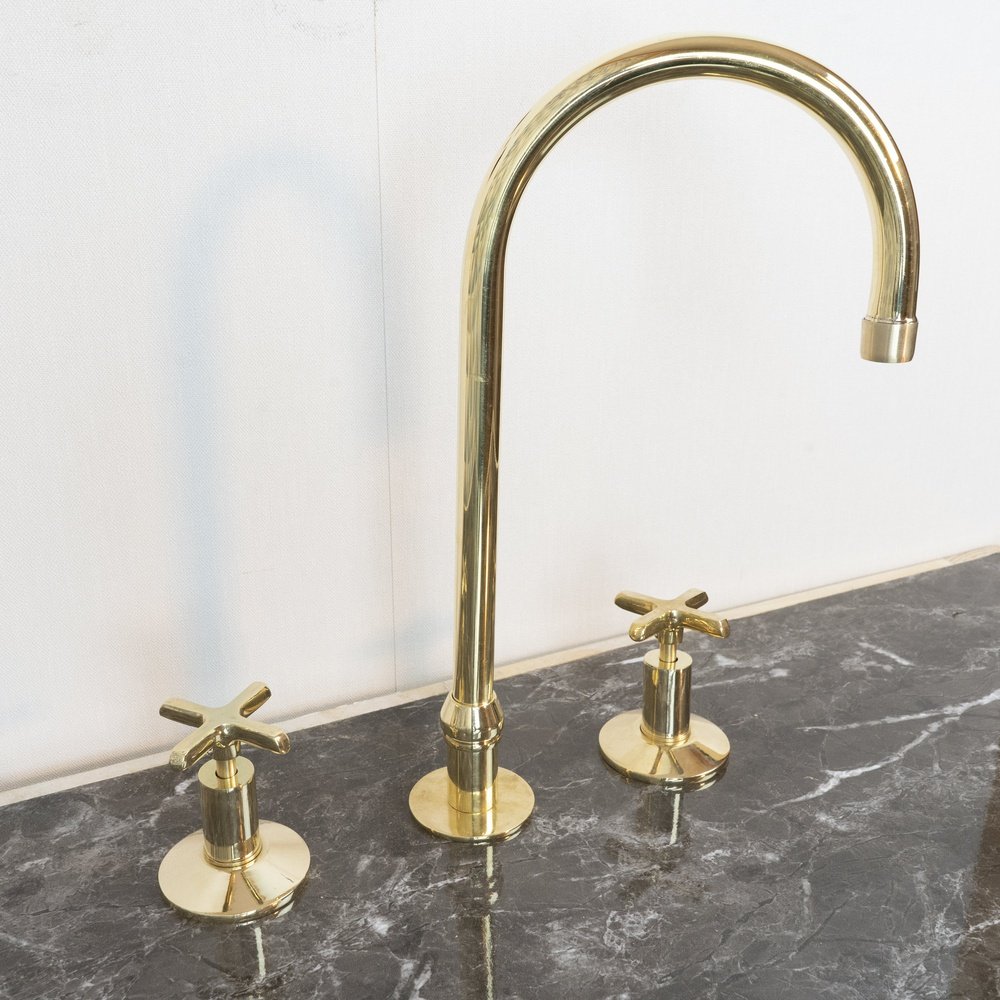 The Bell Widespread Unlacquered Brass Kitchen Faucet, Deck Mounted
