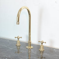 The Bell Widespread Unlacquered Brass Kitchen Faucet, Deck Mounted 3 holes Countertop Faucet The Bell Widespread Unlacquered Brass Kitchen Faucet