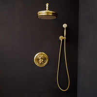 Antique Brass Concealed Shower Head With Arm And Hand Shower Thermostatic Shower Set