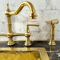 Brass Deck Mount Column Spout 3 Leg Bridge Kitchen Faucet With Sidespray, kitchen faucets, sink faucet, kitchen faucet sink Brass Deck Mount 3 Leg