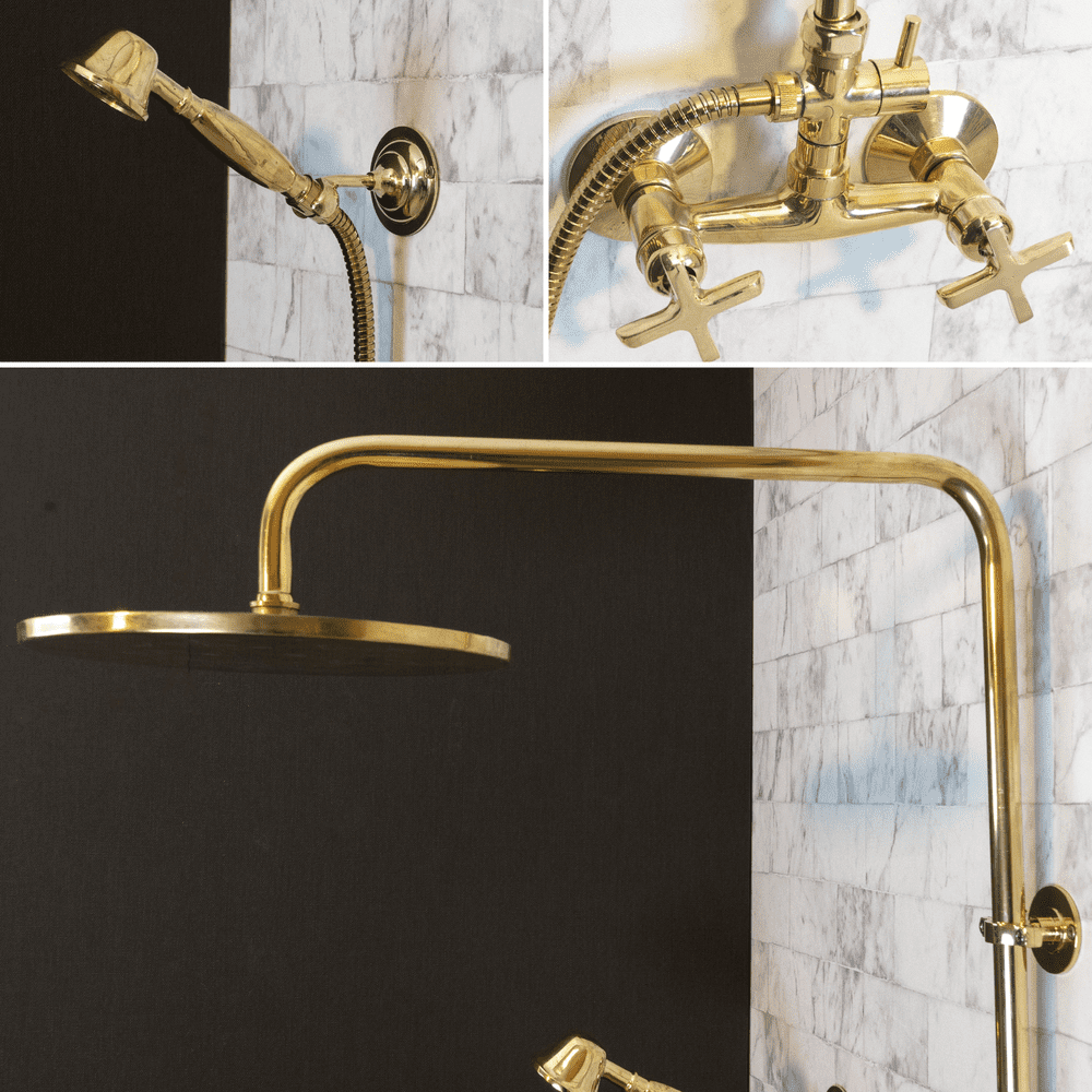 Unlacquered Brass Exposed shower Head with Handheld, Brass Shower System,  Dome Shower Head