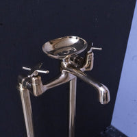 Unlacquered Brass Floor Mount Bath Tub Filler, Brass Bathroom Free Standing Clawfoot Bathtub Faucet With Brass soap holder Bangkok Tub Filler