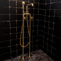 Unlacquered Brass Floor Mounted Bathtub with Handshower, Natural Brass Freestanding Tub Filler with Handheld Floor Mounted Bathtub SP