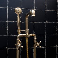 Unlacquered Brass Floor Mounted Bathtub with Handshower, Natural Brass Freestanding Tub Filler with Handheld Floor Mounted Bathtub