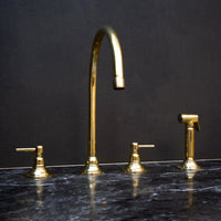 Unlacquered Brass Gooseneck Deck Mounted Kitchen Faucet, Handmade Solid Brass 3 Holes Kitchen Faucet, With Sprayer Unlacquered Brass Gooseneck Deck Mounted Kitchen Faucet