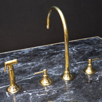 Unlacquered Brass Gooseneck Deck Mounted Kitchen Faucet, Handmade Solid Brass 3 Holes Kitchen Faucet, With Sprayer Unlacquered Brass Gooseneck Deck Mounted Kitchen Faucet