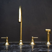 Unlacquered Brass Gooseneck Deck Mounted Kitchen Faucet, Handmade Solid Brass 3 Holes Kitchen Faucet, With Sprayer Unlacquered Brass Gooseneck Deck Mounted Kitchen Faucet
