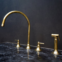 Unlacquered Brass Gooseneck Deck Mounted Kitchen Faucet, Handmade Solid Brass 3 Holes Kitchen Faucet, With Sprayer Unlacquered Brass Gooseneck Deck Mounted Kitchen Faucet