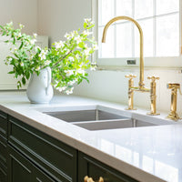 Gooseneck Kitchen Bridge Faucet With Flat Cross Handles, Brass Faucet with customizable spout reach and length Malmo Brass Bridge Faucet
