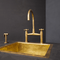 Bridge Kitchen Faucet with Simple Cross Handles, Brass Faucet with customizable spout reach and length Unlacquered Brass Kitchen Bridge Faucet With Sprayer & Cross Handles