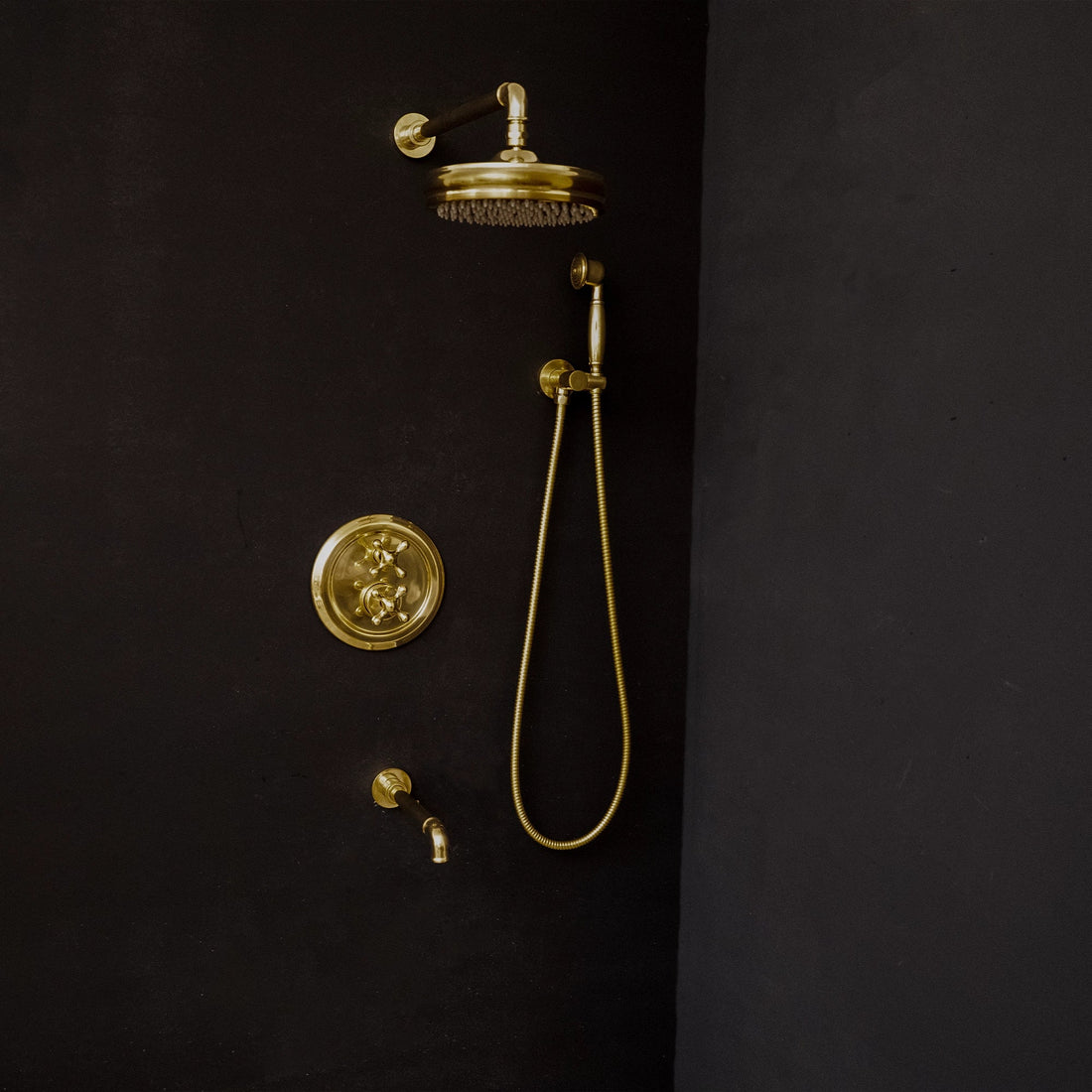 Unlacquered Brass Thermostatic Shower Set with Simple Cross Handles - Brassna