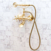 Unlacquered Brass Wall Mount Bath Tub Filler, Brass Bathroom Wall Mounted Bathtub Faucet With Telephone Hand Shower Unlacquered Brass Bath Tub Filler