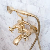 Unlacquered Brass Wall Mount Bath Tub Filler, Brass Bathroom Wall Mounted Bathtub Faucet With Telephone Hand Shower Unlacquered Brass Bath Tub Filler
