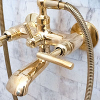 Unlacquered Brass Wall Mount Bath Tub Filler, Brass Bathroom Wall Mounted Bathtub Faucet With Telephone Hand Shower Unlacquered Brass Bath Tub Filler