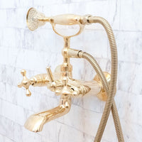 Unlacquered Brass Wall Mount Bath Tub Filler, Brass Bathroom Wall Mounted Bathtub Faucet With Telephone Hand Shower Allo Brass Bath Tub Filler SP