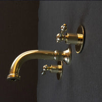 Unlacquered Brass Wall Mounted Faucet With Lever Handles, Brass Faucet For Kitchen And Bathroom Wall Mounted Handcrafted Faucet With Lever Handles