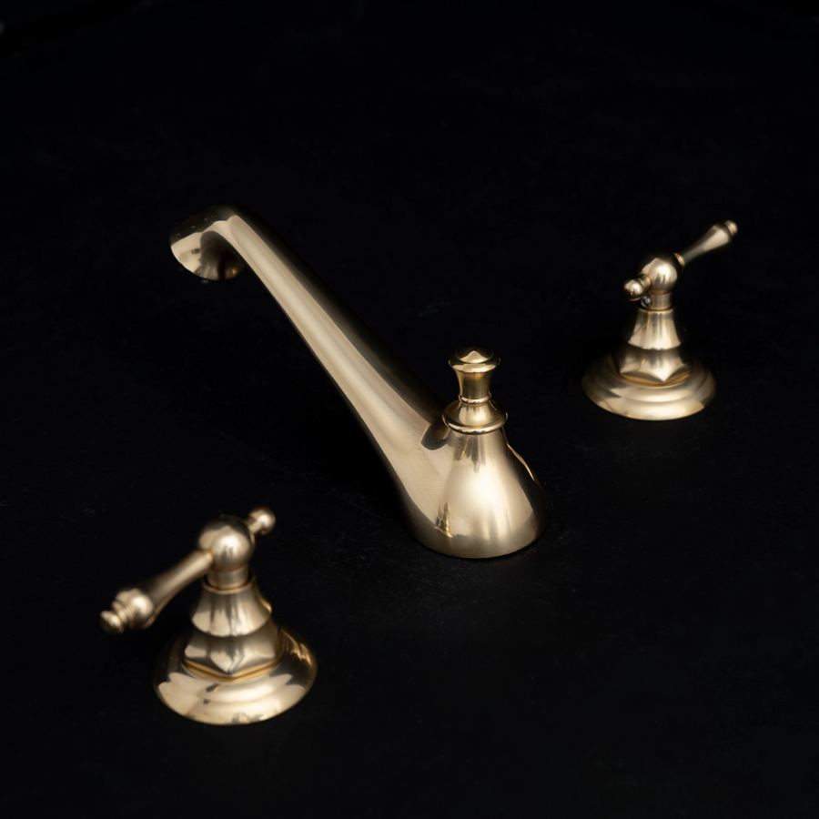 Unlacquered Brass 3 Holes Bathroom Faucet, Deck Mounted 3 Holes Bathroom Faucet Short Spout Deck Mount Faucet