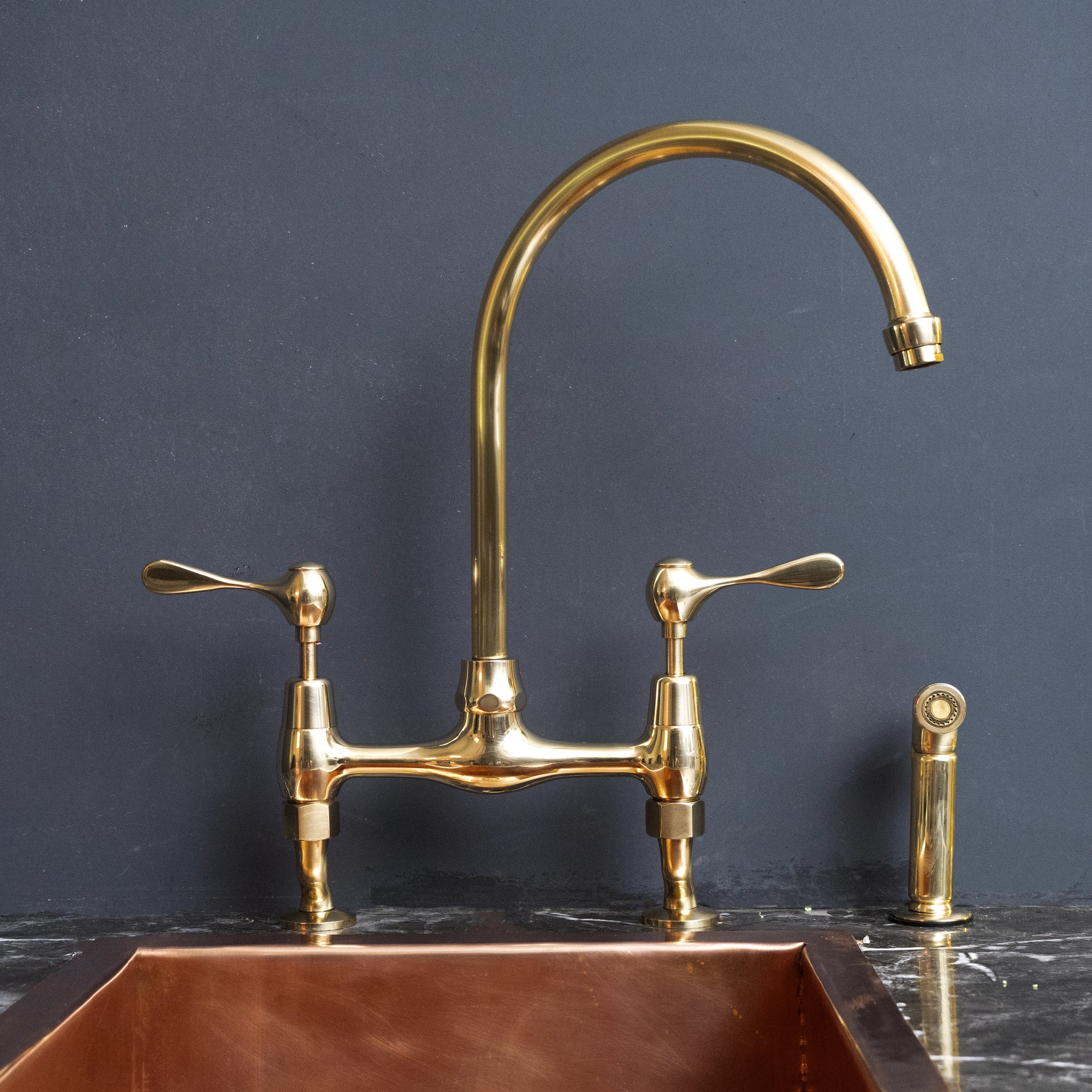  Unlacquered Brass Curved Legs Bridge Faucet, 8" Brass Bridge Faucet With Lever Handles AquaPrime Kitchen Bridge Faucet