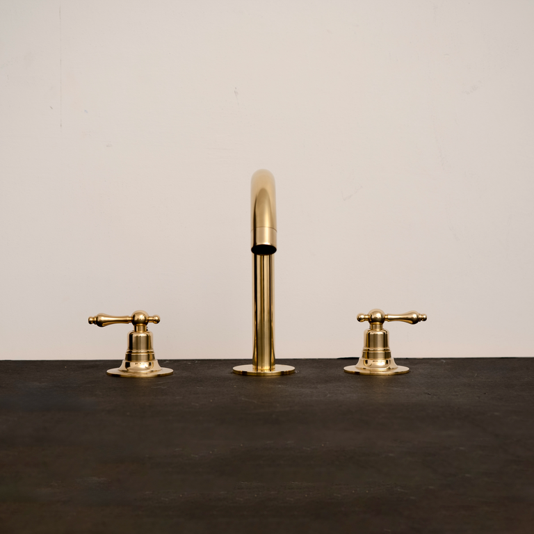 Unlacquered Brass Deck Mounted Sink Faucet, Widespread 3 Holes Bath Faucet Premium Solid Brass Deck Mount Faucet – Timeless Bathroom Basin Tap