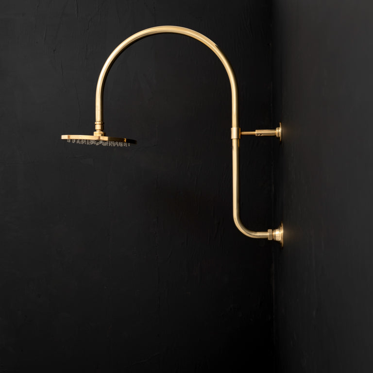 Handcrafted unlacquered brass shower Head With Curved Arm , Rainfall Head Shower with arcuate arm Mireleft Brass Shower Set