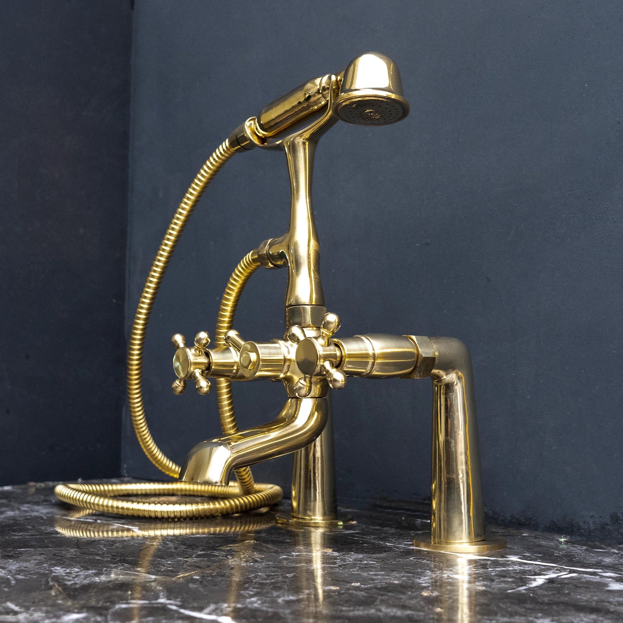 Unlacquered Brass Wall Mount Bath Tub Filler, Brass Bathroom Wall Mounted Bathtub Faucet With Telephone Hand Shower Unpainted Brass Deck Mount Tub Filler