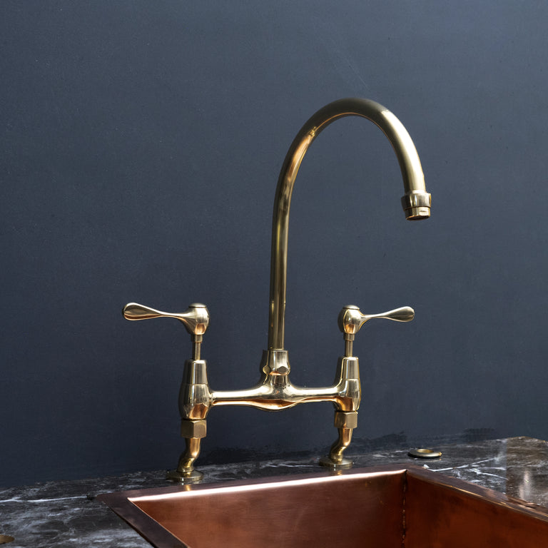  Unlacquered Brass Curved Legs Bridge Faucet, 8