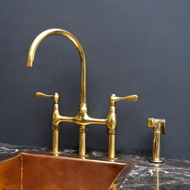 Unlacquered Brass 3 Holes Kitchen Bridge Faucet With Side Sprayer, Three Legs Countertop Bridge Kitchen Faucet  Unpainted Brass 3 Holes Bridge Faucet