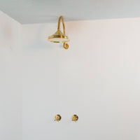 Handcrafted unlacquered brass shower system, Rainfall Head Shower with arcuate armHandcrafted unlacquered brass shower system, Rainfall Head Shower with arcuate arm Handcrafted unlacquered brass shower system