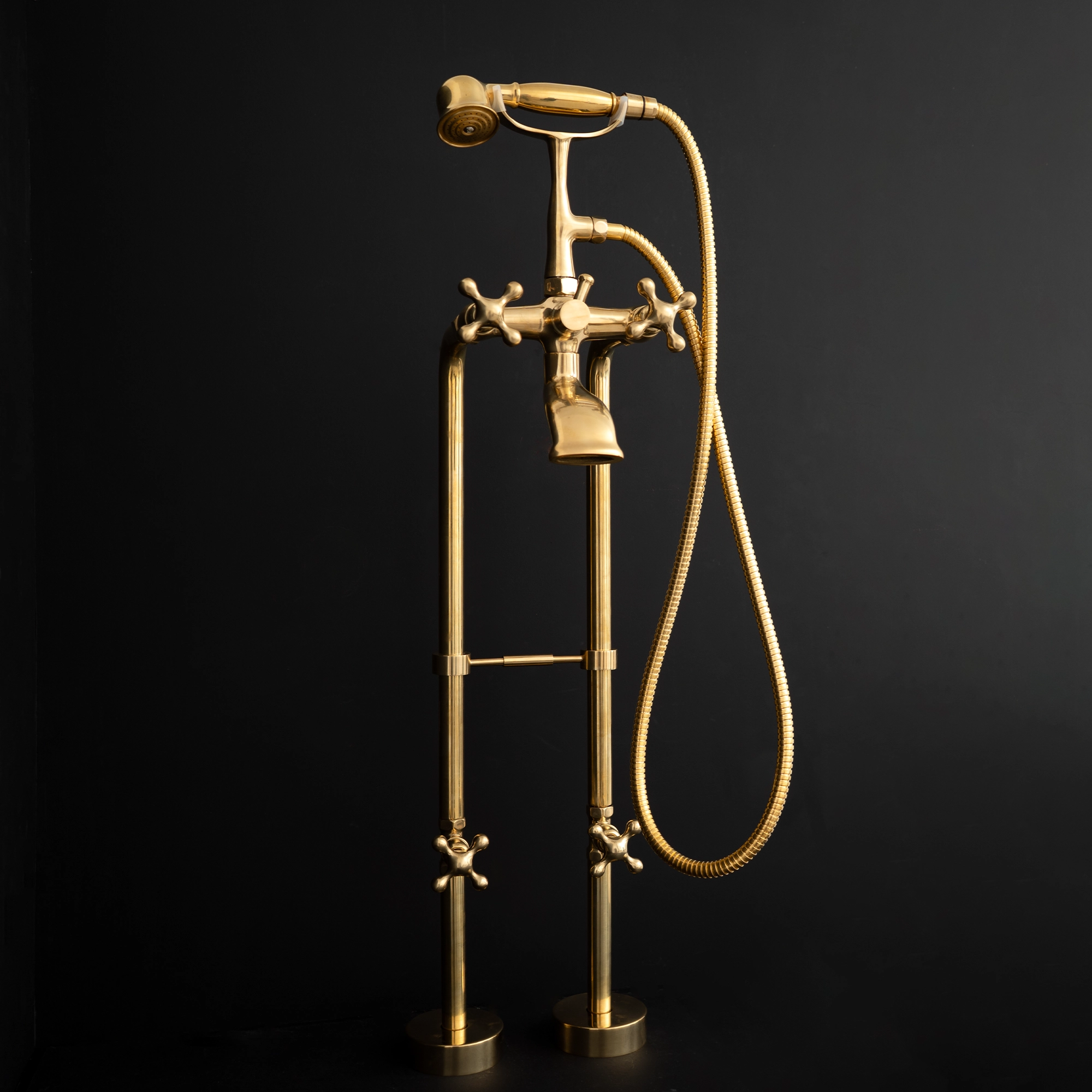 Handcrafted Solid Brass Floor Mount Bath Tub Filler Shower System - Detail View | Brassna