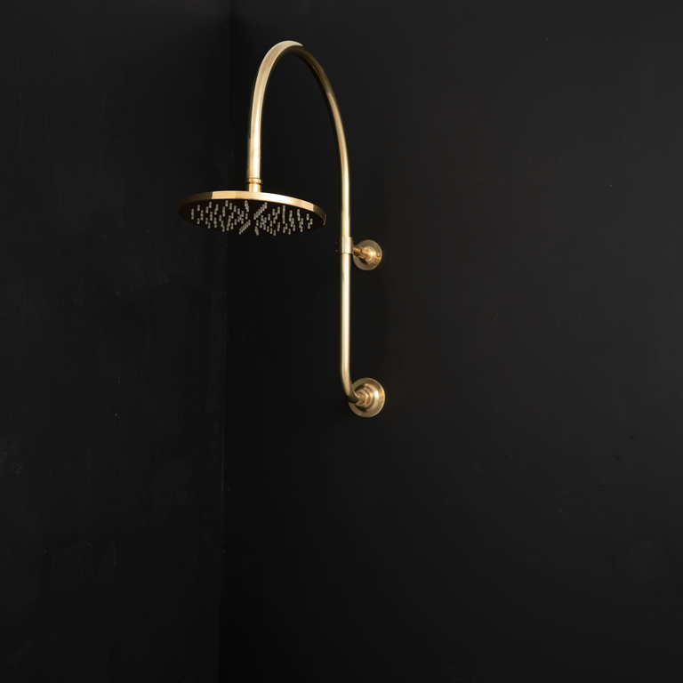 Handcrafted unlacquered brass shower Head With Curved Arm , Rainfall Head Shower with arcuate arm Mireleft Brass Shower Set