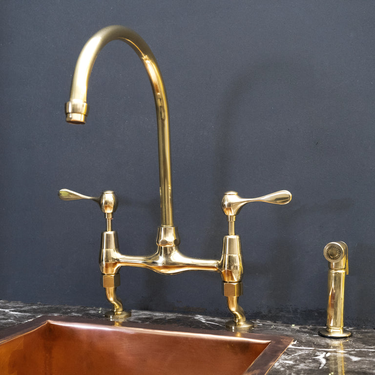  Unlacquered Brass Curved Legs Bridge Faucet, 8