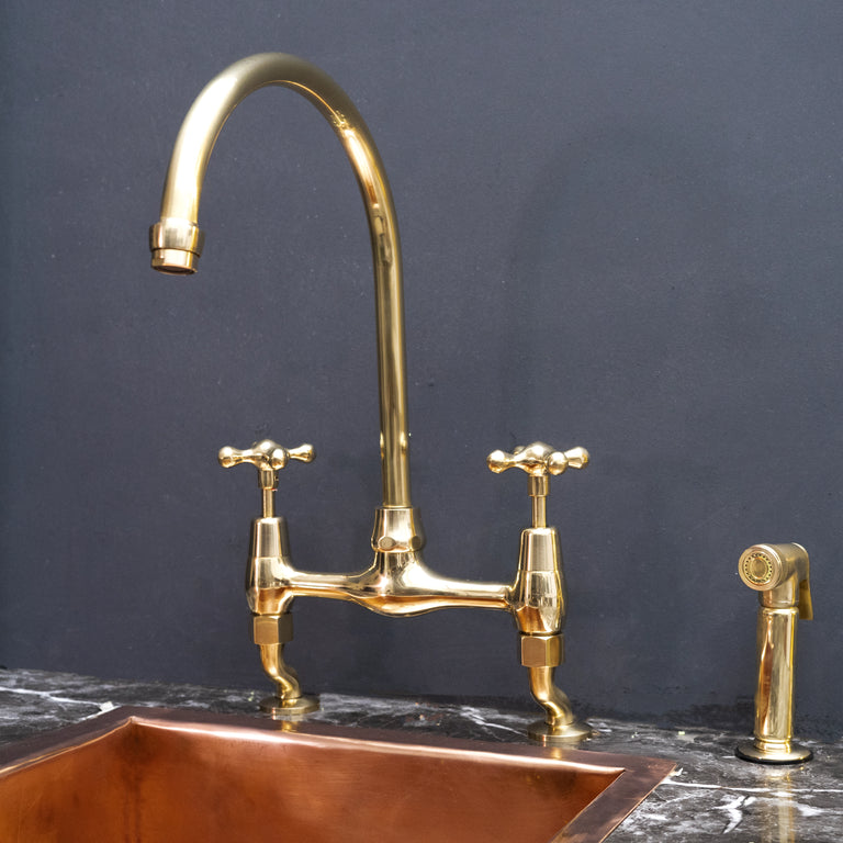  Unlacquered Brass Curved Legs Bridge Faucet, 8